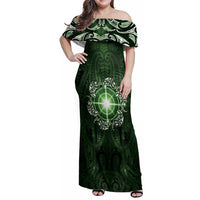 New Zealand Matariki Tupuarangi Family Matching Off Shoulder Maxi Dress and Hawaiian Shirt Maori Moko Green Galaxy LT05 Mom's Dress Green - Polynesian Pride