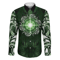 New Zealand Matariki Tupuarangi Family Matching Off Shoulder Short Dress and Hawaiian Shirt Maori Moko Green Galaxy LT05 Dad's Shirt - Long Sleeve Green - Polynesian Pride
