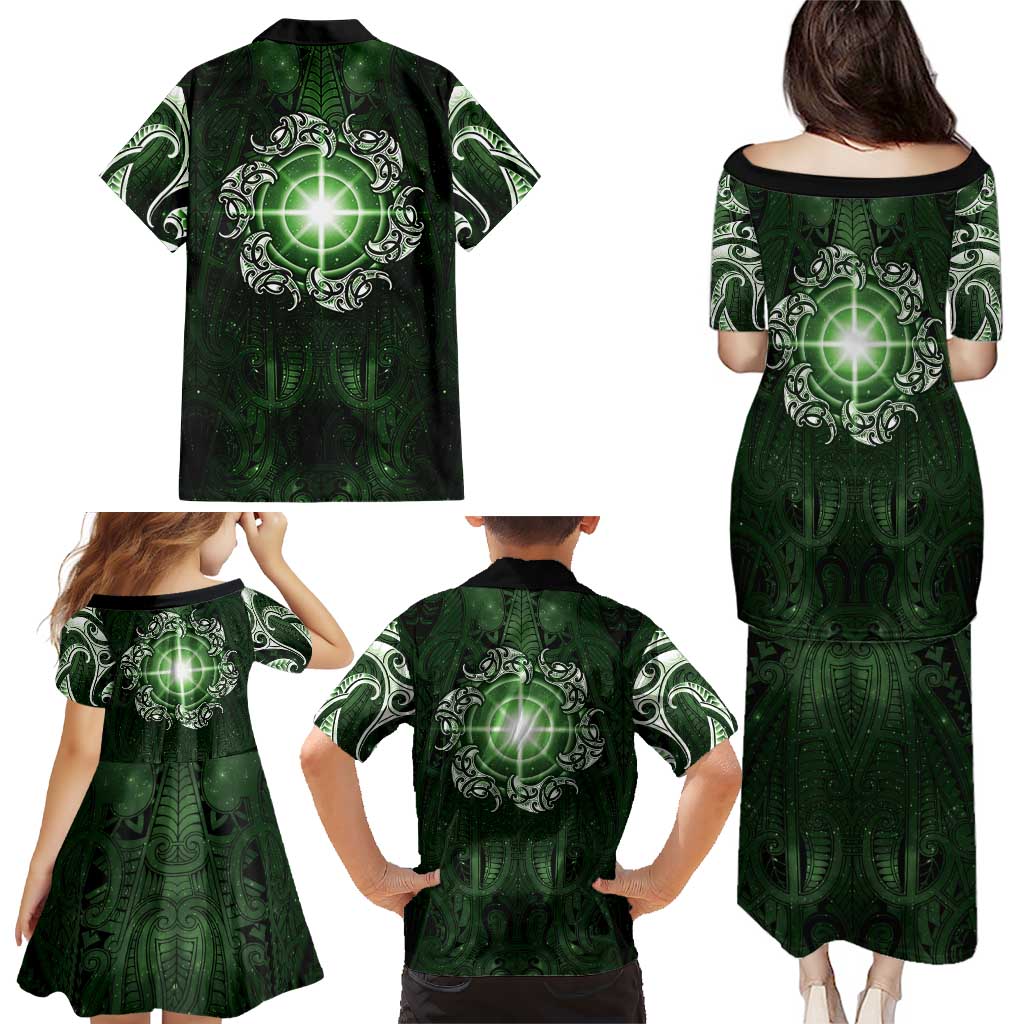 New Zealand Matariki Tupuarangi Family Matching Puletasi and Hawaiian Shirt Maori Moko Green Galaxy LT05 - Polynesian Pride
