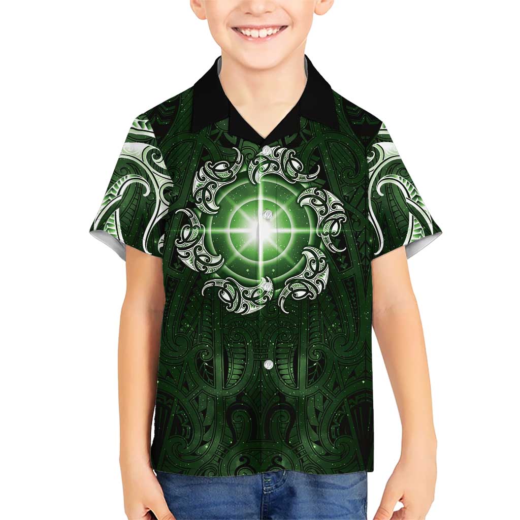 New Zealand Matariki Tupuarangi Family Matching Short Sleeve Bodycon Dress and Hawaiian Shirt Maori Moko Green Galaxy LT05 Son's Shirt Green - Polynesian Pride