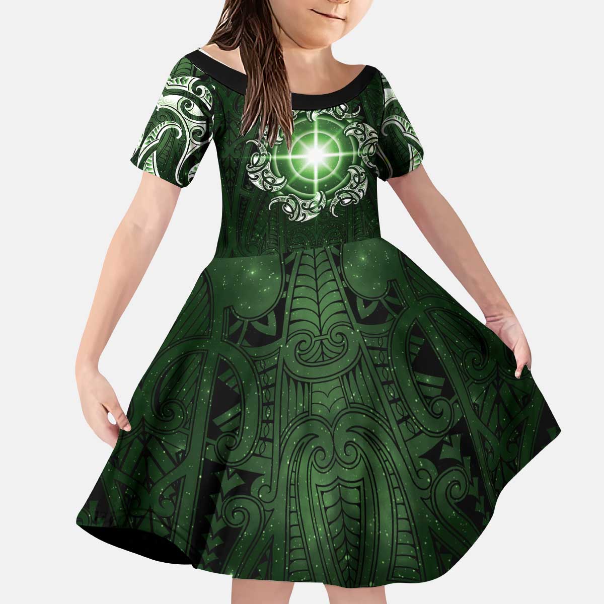 New Zealand Matariki Tupuarangi Kid Short Sleeve Dress Maori Moko Green Galaxy