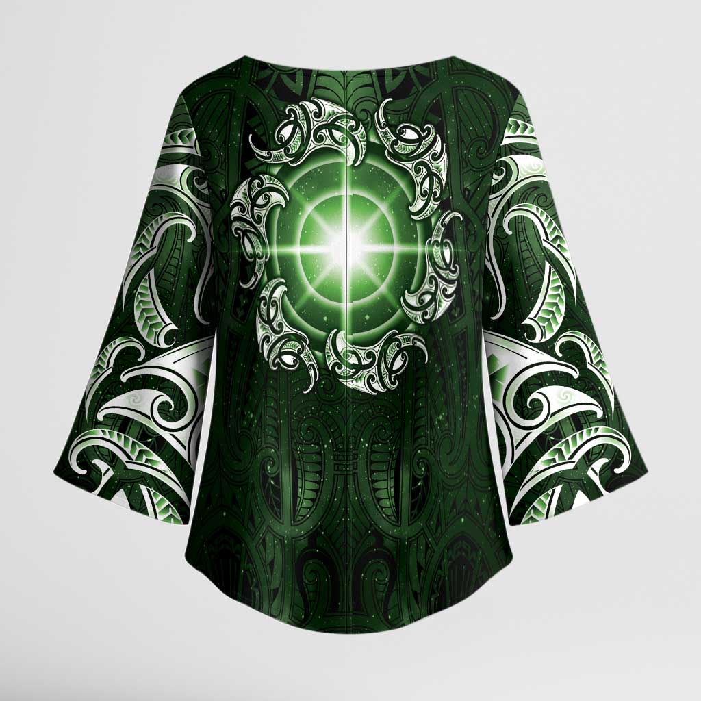 New Zealand Matariki Tupuarangi Kimono Sleeve Blouse Maori Moko Green Galaxy LT05 - Polynesian Pride