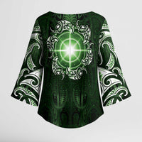 New Zealand Matariki Tupuarangi Kimono Sleeve Blouse Maori Moko Green Galaxy LT05 - Polynesian Pride