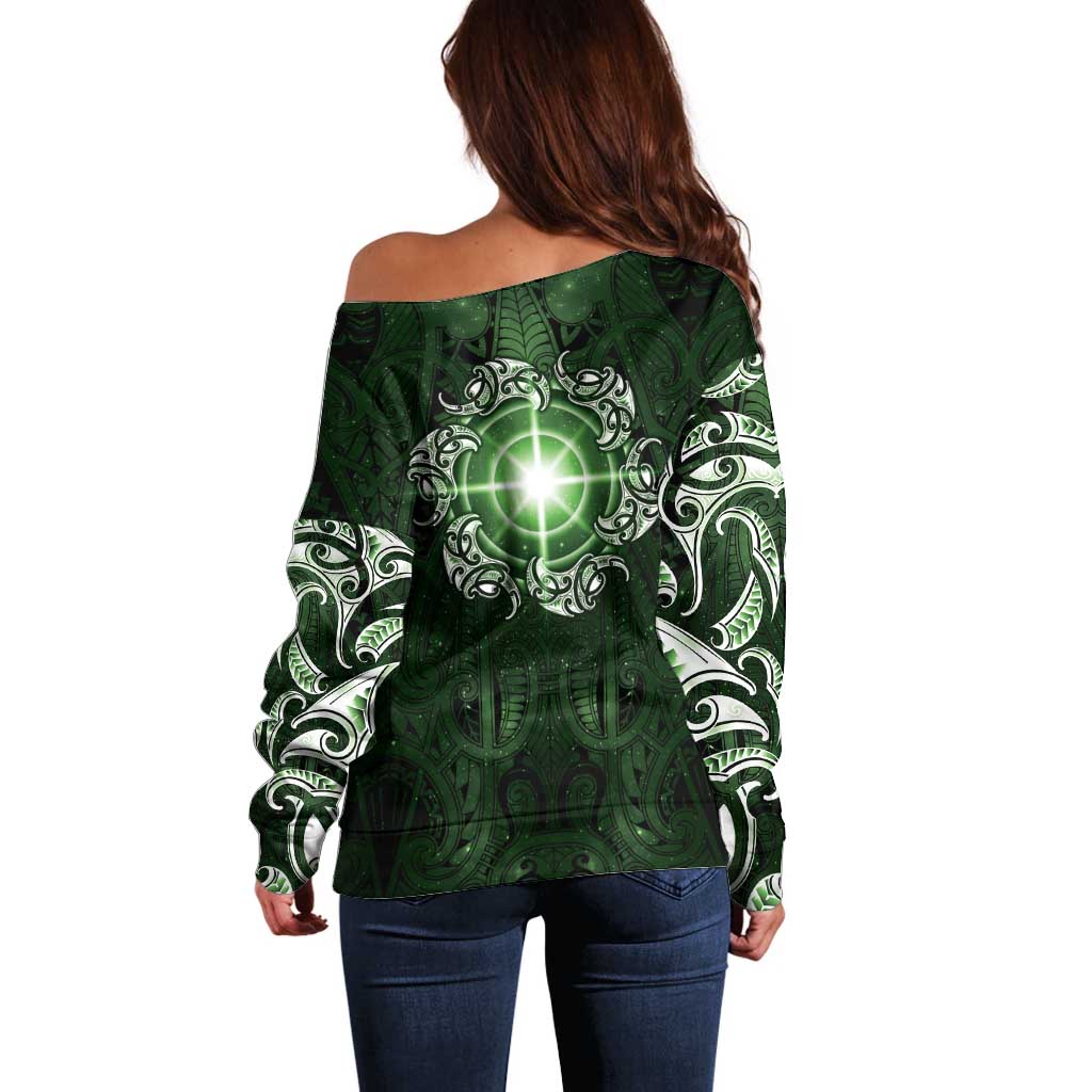 New Zealand Matariki Tupuarangi Off Shoulder Sweater Maori Moko Green Galaxy LT05 - Polynesian Pride