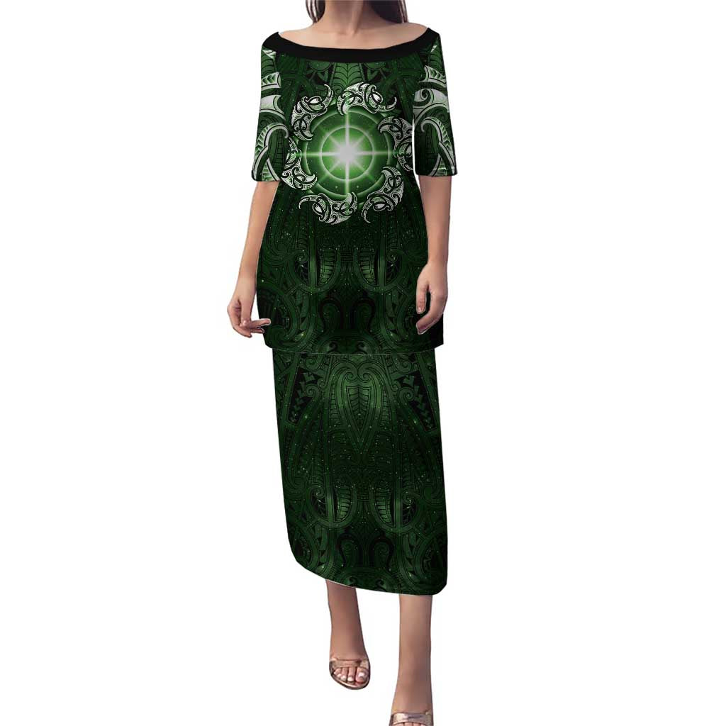 New Zealand Matariki Tupuarangi Puletasi Maori Moko Green Galaxy LT05 Long Dress Green - Polynesian Pride