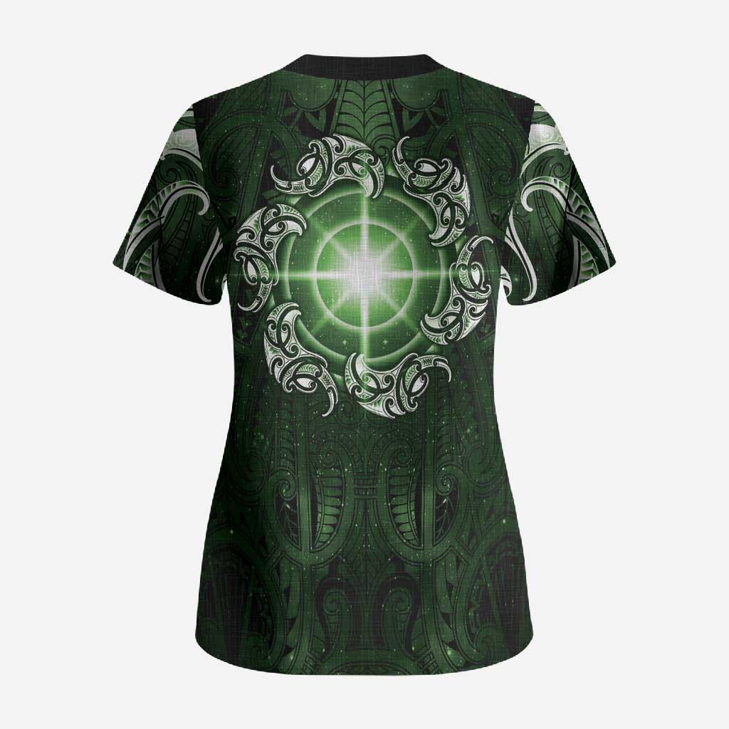 New Zealand Matariki Tupuarangi Scrub Top Maori Moko Green Galaxy