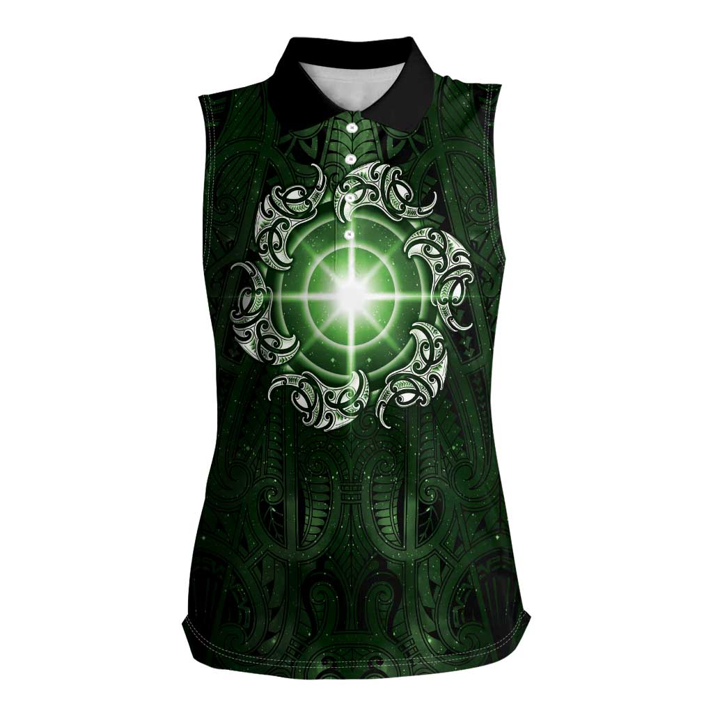 New Zealand Matariki Tupuarangi Women Sleeveless Polo Shirt Maori Moko Green Galaxy LT05 Female Green - Polynesian Pride