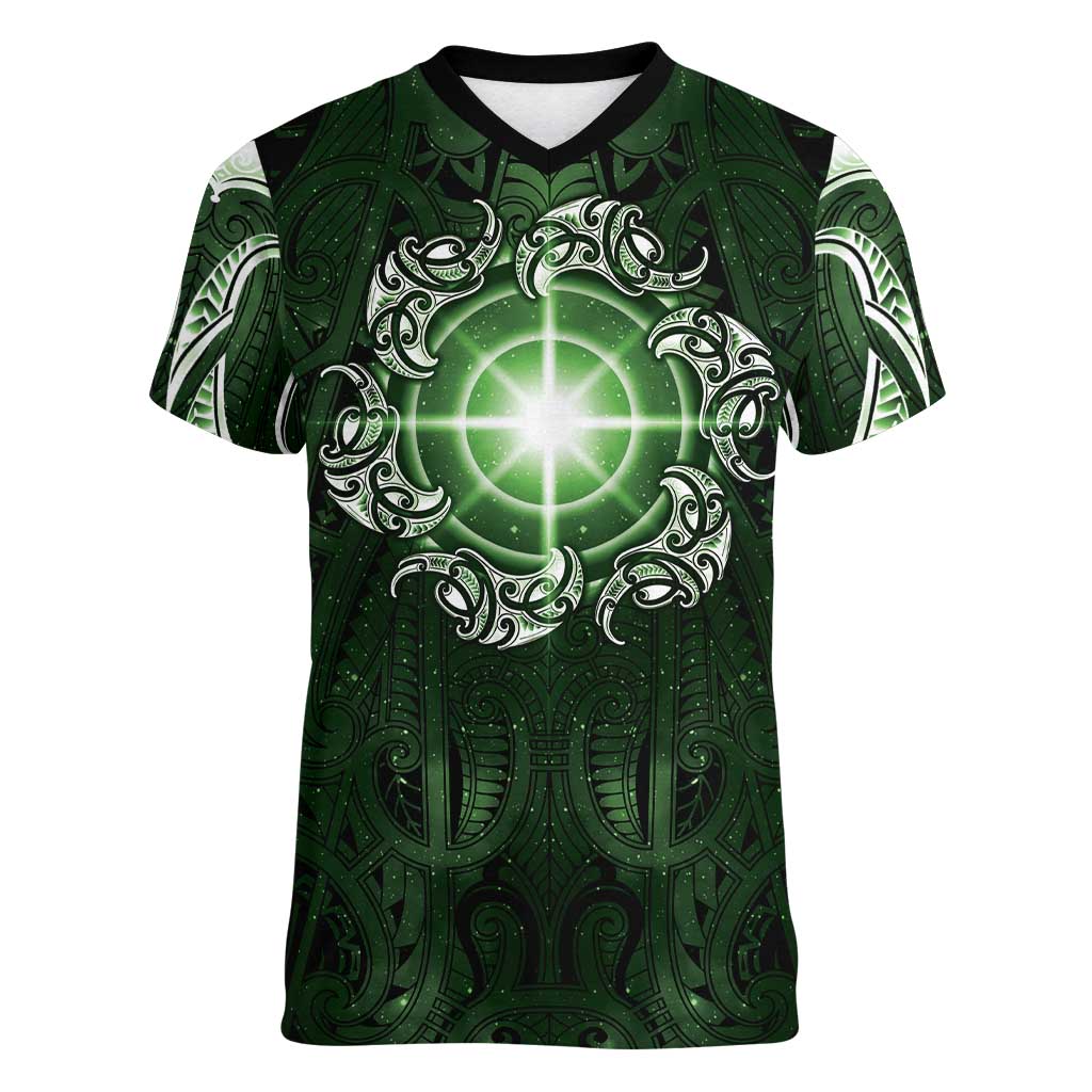 New Zealand Matariki Tupuarangi Women V-Neck T-Shirt Maori Moko Green Galaxy LT05 Female Green - Polynesian Pride