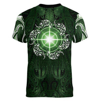 New Zealand Matariki Tupuarangi Women V-Neck T-Shirt Maori Moko Green Galaxy LT05 - Polynesian Pride