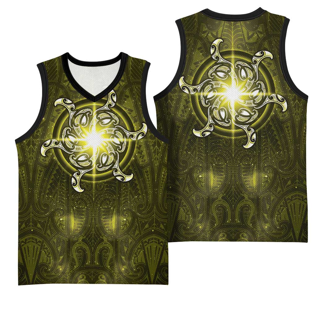 New Zealand Matariki Hiwaiterangi Basketball Jersey Maori Moko Yellow Galaxy