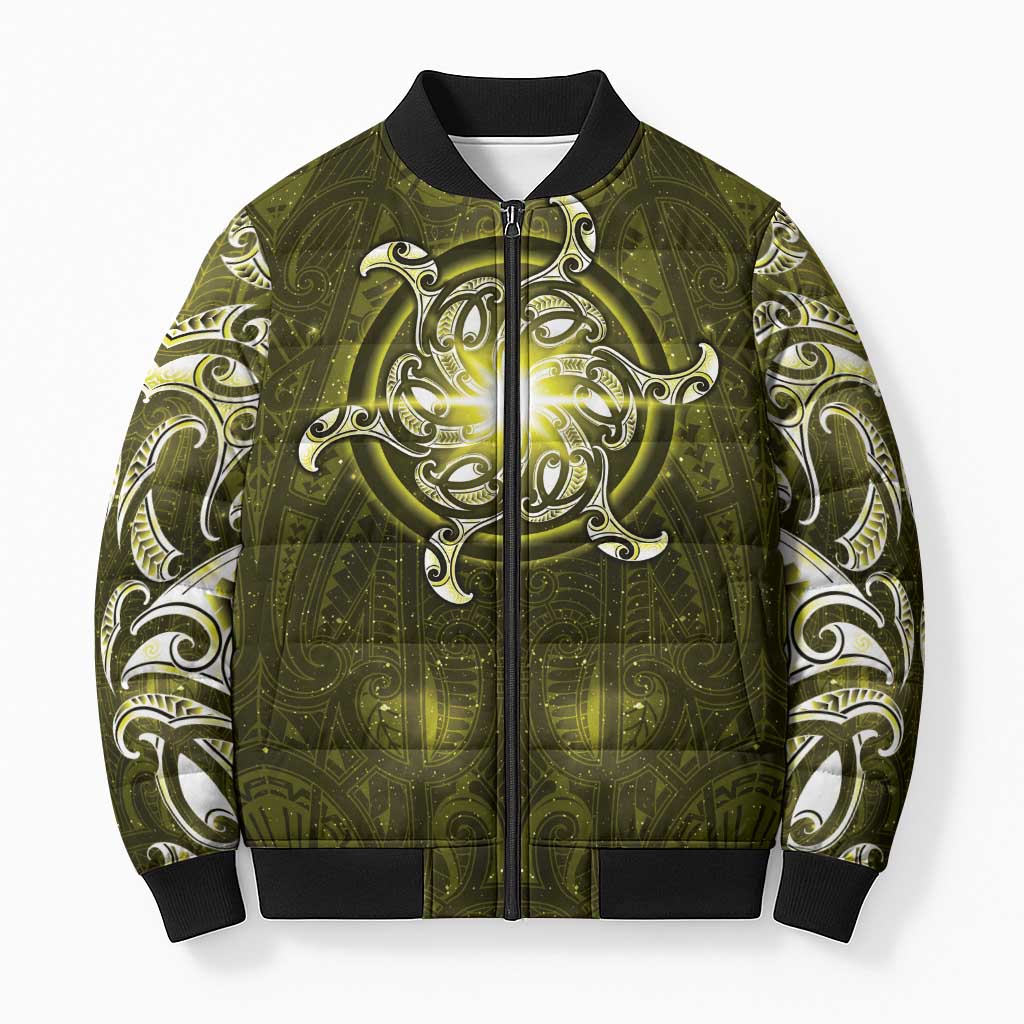 New Zealand Matariki Hiwaiterangi Bomber Puffer Jacket Maori Moko Yellow Galaxy LT05 Unisex Yellow - Polynesian Pride