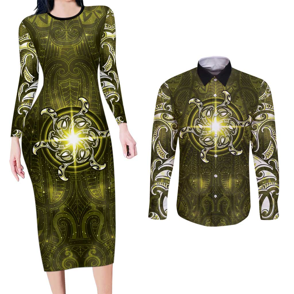 New Zealand Matariki Hiwaiterangi Couples Matching Long Sleeve Bodycon Dress and Long Sleeve Button Shirt Maori Moko Yellow Galaxy LT05 Yellow - Polynesian Pride
