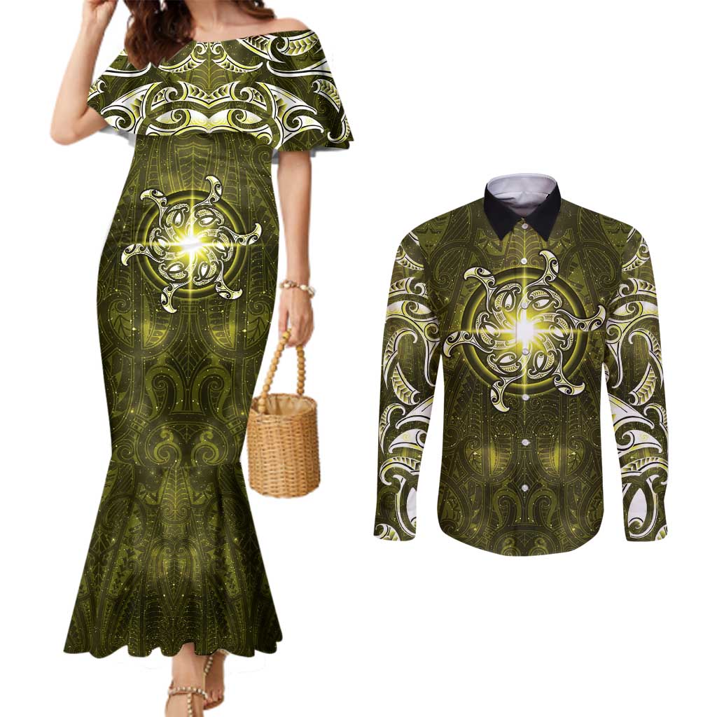 New Zealand Matariki Hiwaiterangi Couples Matching Mermaid Dress and Long Sleeve Button Shirt Maori Moko Yellow Galaxy LT05 Yellow - Polynesian Pride