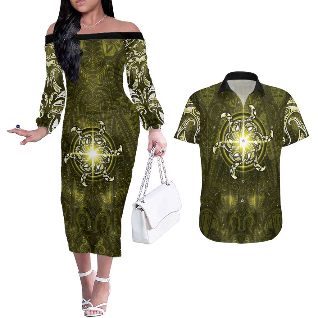 New Zealand Matariki Hiwaiterangi Couples Matching Off The Shoulder Long Sleeve Dress and Hawaiian Shirt Maori Moko Yellow Galaxy LT05 Yellow - Polynesian Pride
