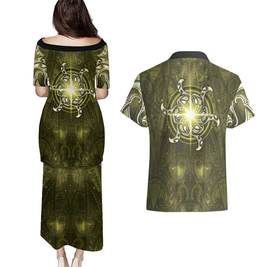 New Zealand Matariki Hiwaiterangi Couples Matching Puletasi and Hawaiian Shirt Maori Moko Yellow Galaxy LT05 - Polynesian Pride