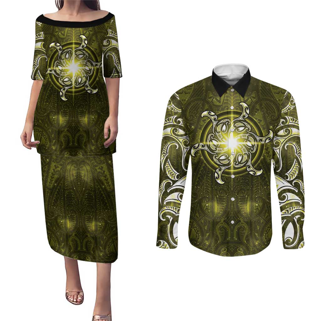 New Zealand Matariki Hiwaiterangi Couples Matching Puletasi and Long Sleeve Button Shirt Maori Moko Yellow Galaxy