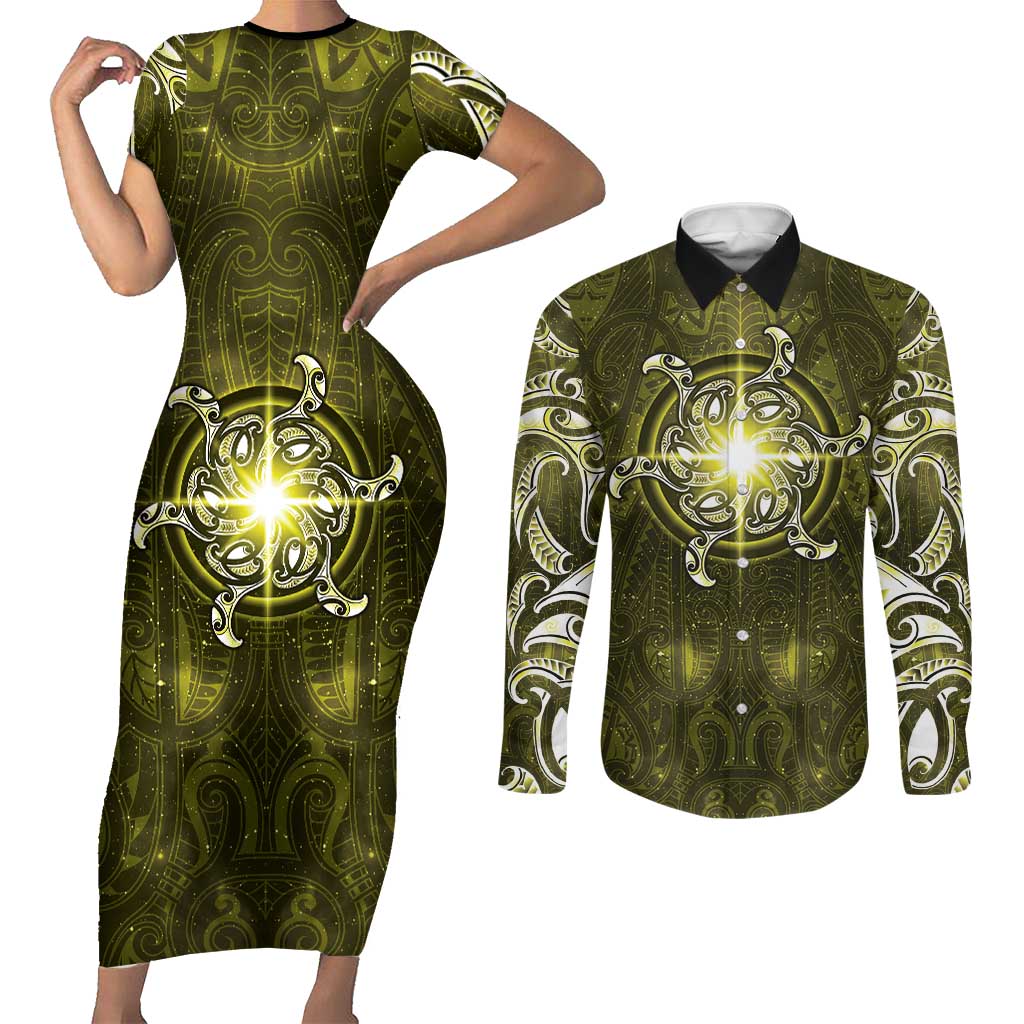 New Zealand Matariki Hiwaiterangi Couples Matching Short Sleeve Bodycon Dress and Long Sleeve Button Shirt Maori Moko Yellow Galaxy LT05 Yellow - Polynesian Pride
