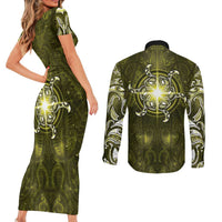 New Zealand Matariki Hiwaiterangi Couples Matching Short Sleeve Bodycon Dress and Long Sleeve Button Shirt Maori Moko Yellow Galaxy LT05 - Polynesian Pride