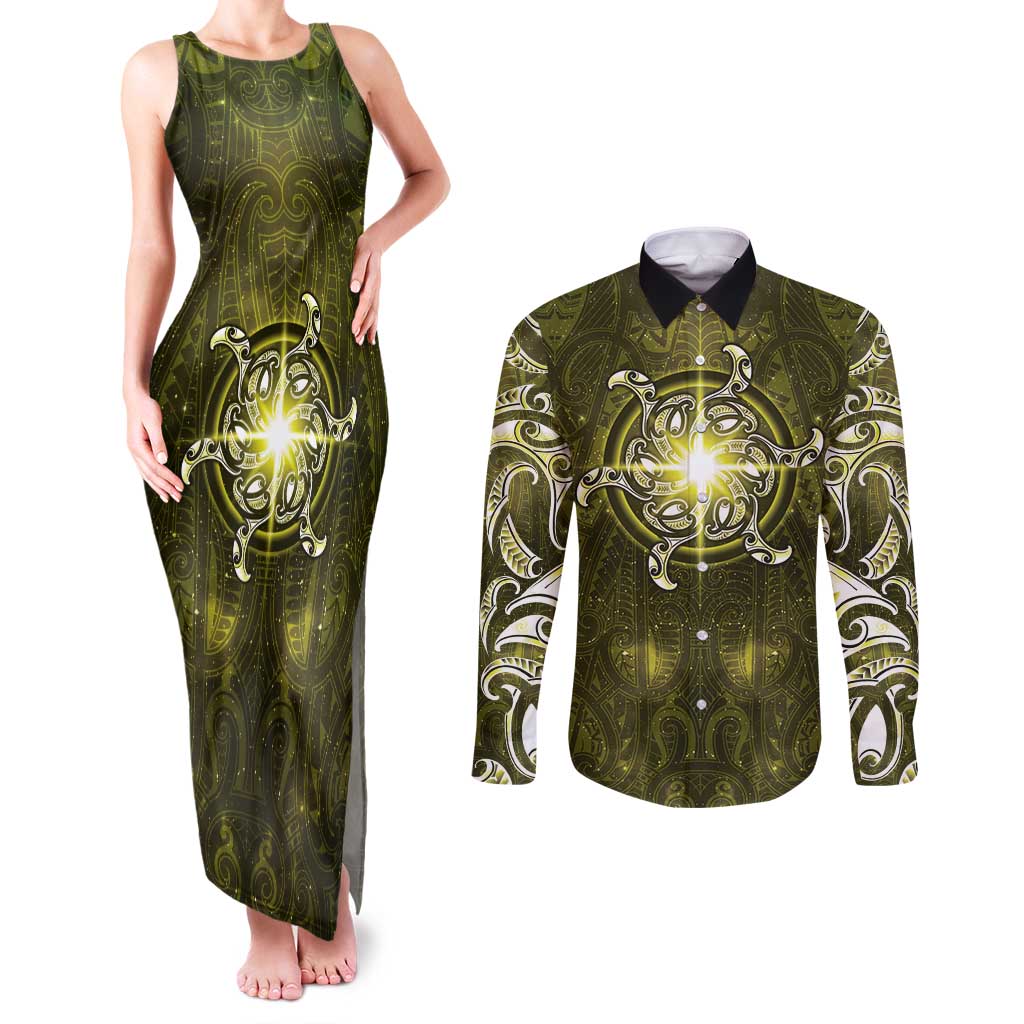 New Zealand Matariki Hiwaiterangi Couples Matching Tank Maxi Dress and Long Sleeve Button Shirt Maori Moko Yellow Galaxy LT05 Yellow - Polynesian Pride