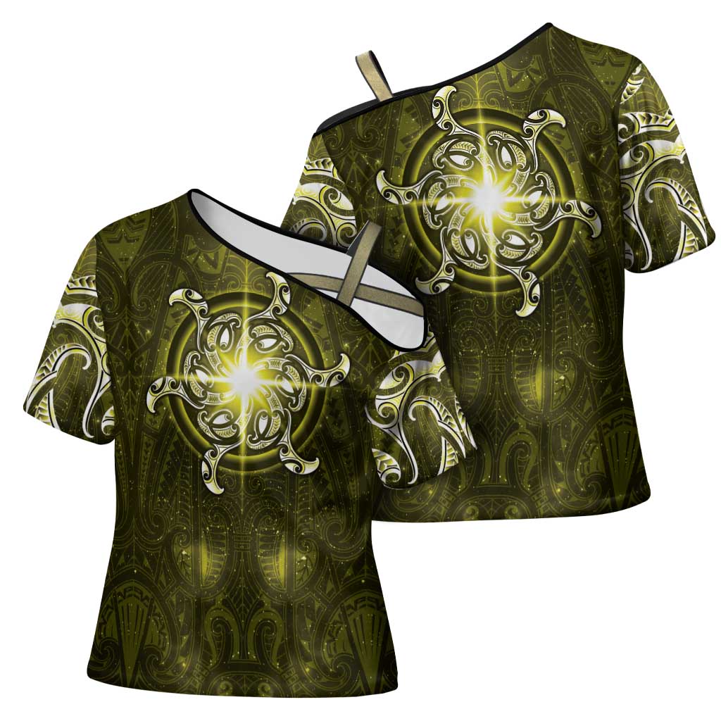 New Zealand Matariki Hiwaiterangi Cross Shoulder Shirt Maori Moko Yellow Galaxy