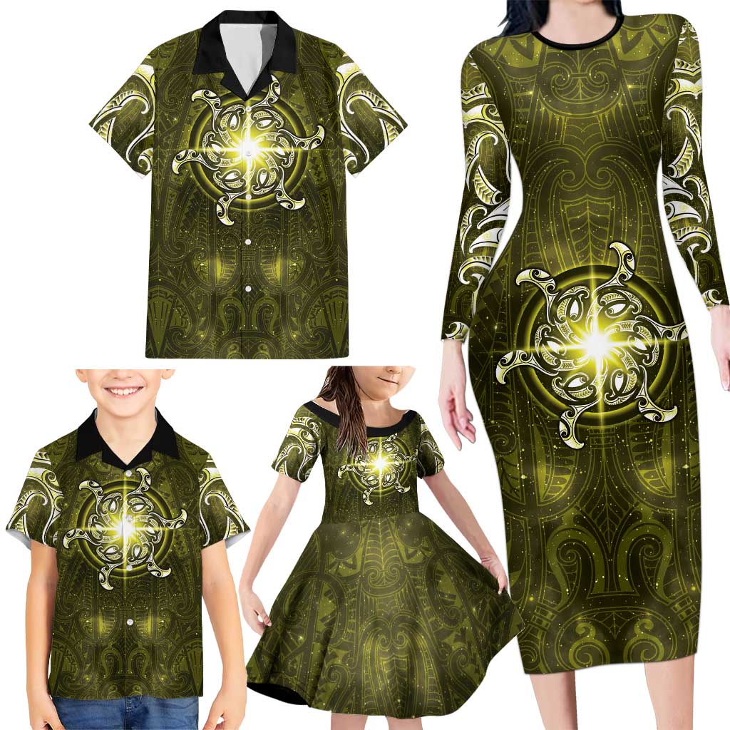New Zealand Matariki Hiwaiterangi Family Matching Long Sleeve Bodycon Dress and Hawaiian Shirt Maori Moko Yellow Galaxy LT05 - Polynesian Pride