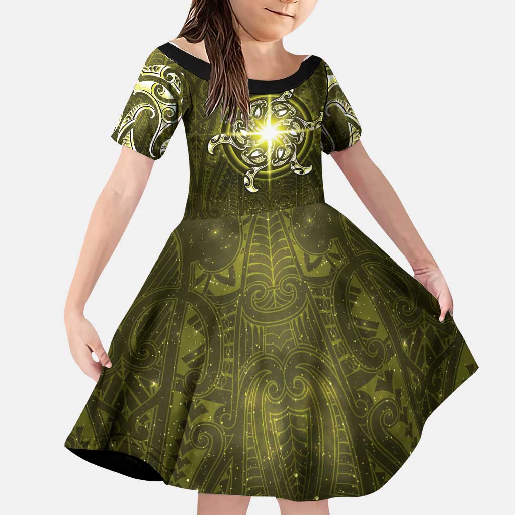 New Zealand Matariki Hiwaiterangi Family Matching Mermaid Dress and Hawaiian Shirt Maori Moko Yellow Galaxy LT05 Daughter's Dress Yellow - Polynesian Pride