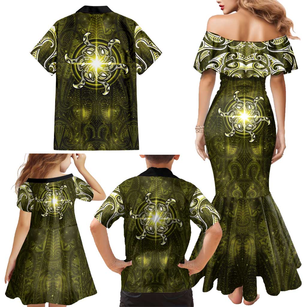New Zealand Matariki Hiwaiterangi Family Matching Mermaid Dress and Hawaiian Shirt Maori Moko Yellow Galaxy LT05 - Polynesian Pride