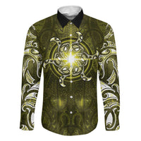 New Zealand Matariki Hiwaiterangi Family Matching Off The Shoulder Long Sleeve Dress and Hawaiian Shirt Maori Moko Yellow Galaxy LT05 Dad's Shirt - Long Sleeve Yellow - Polynesian Pride