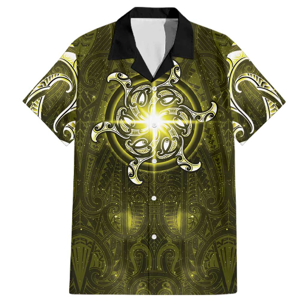 New Zealand Matariki Hiwaiterangi Family Matching Off Shoulder Maxi Dress and Hawaiian Shirt Maori Moko Yellow Galaxy LT05 Dad's Shirt - Short Sleeve Yellow - Polynesian Pride