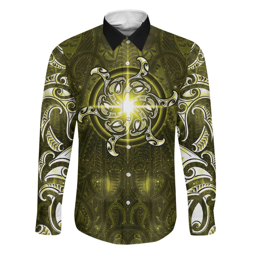 New Zealand Matariki Hiwaiterangi Family Matching Off Shoulder Short Dress and Hawaiian Shirt Maori Moko Yellow Galaxy LT05 Dad's Shirt - Long Sleeve Yellow - Polynesian Pride