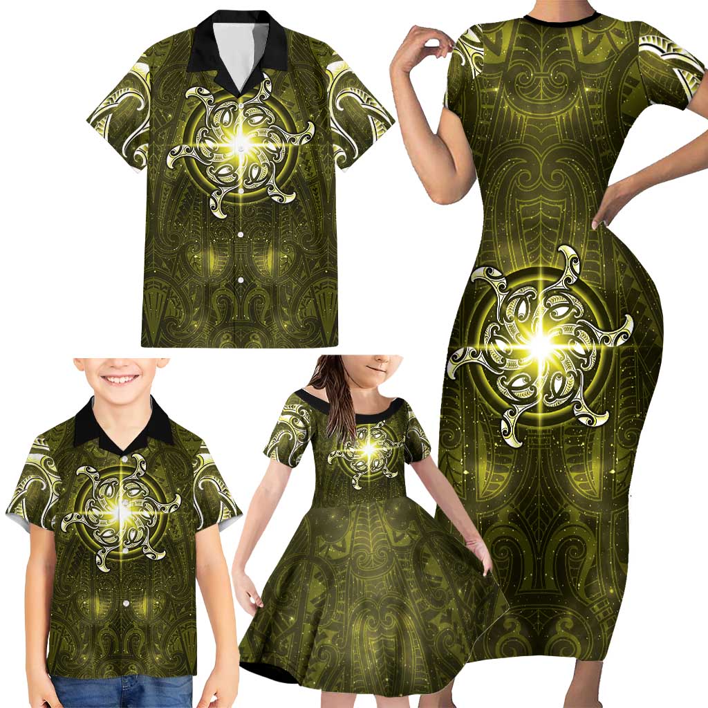 New Zealand Matariki Hiwaiterangi Family Matching Short Sleeve Bodycon Dress and Hawaiian Shirt Maori Moko Yellow Galaxy LT05 - Polynesian Pride