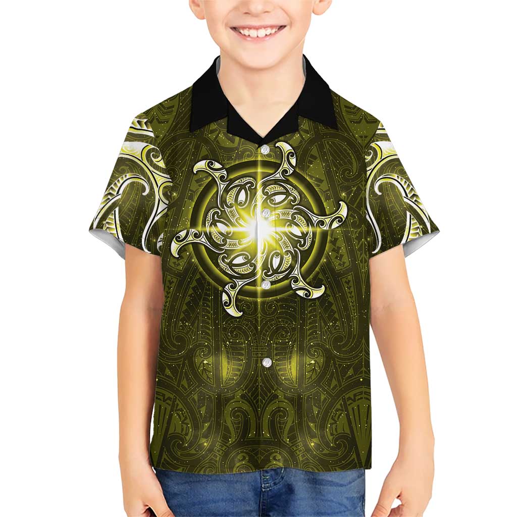 New Zealand Matariki Hiwaiterangi Kid Hawaiian Shirt Maori Moko Yellow Galaxy