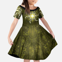 New Zealand Matariki Hiwaiterangi Kid Short Sleeve Dress Maori Moko Yellow Galaxy