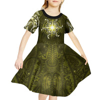 New Zealand Matariki Hiwaiterangi Kid Short Sleeve Dress Maori Moko Yellow Galaxy