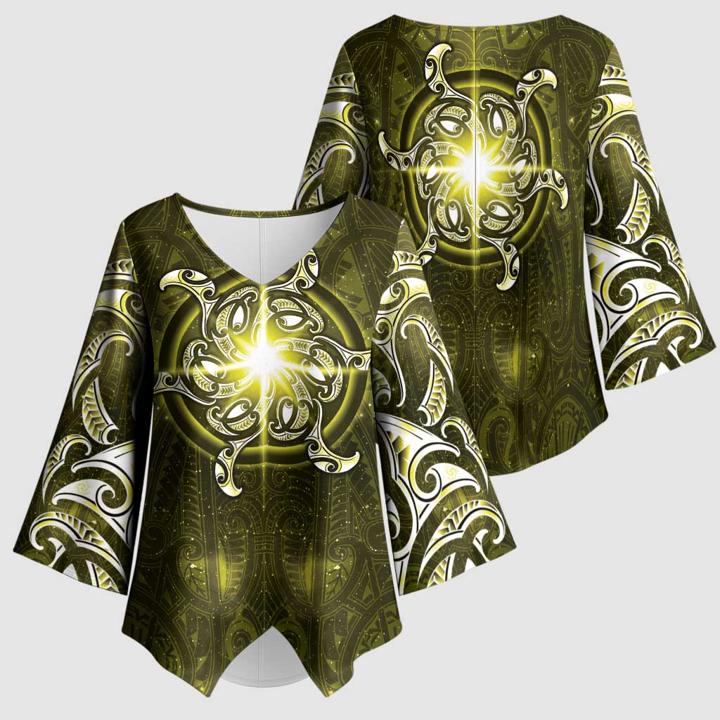 New Zealand Matariki Hiwaiterangi Kimono Sleeve Blouse Maori Moko Yellow Galaxy LT05 - Polynesian Pride