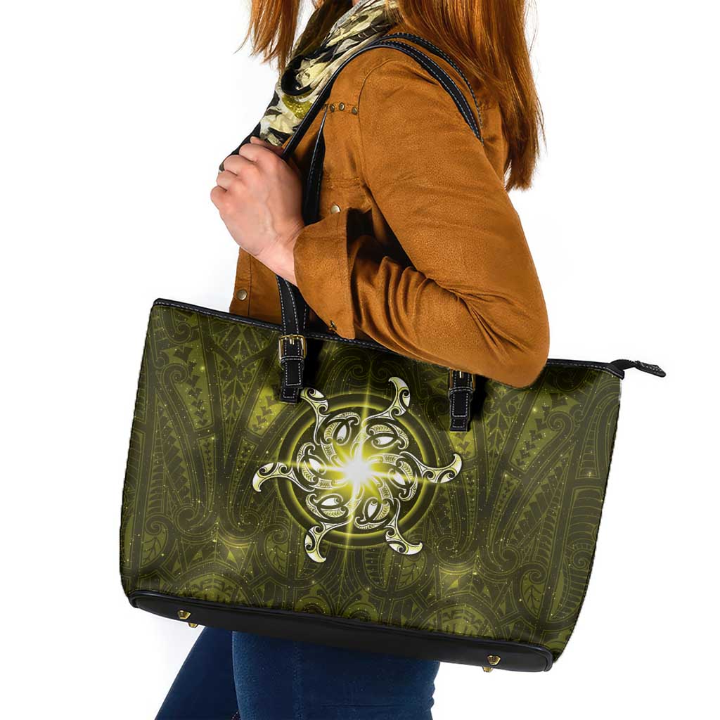 New Zealand Matariki Hiwaiterangi Leather Tote Bag Maori Moko Yellow Galaxy LT05 Yellow - Polynesian Pride