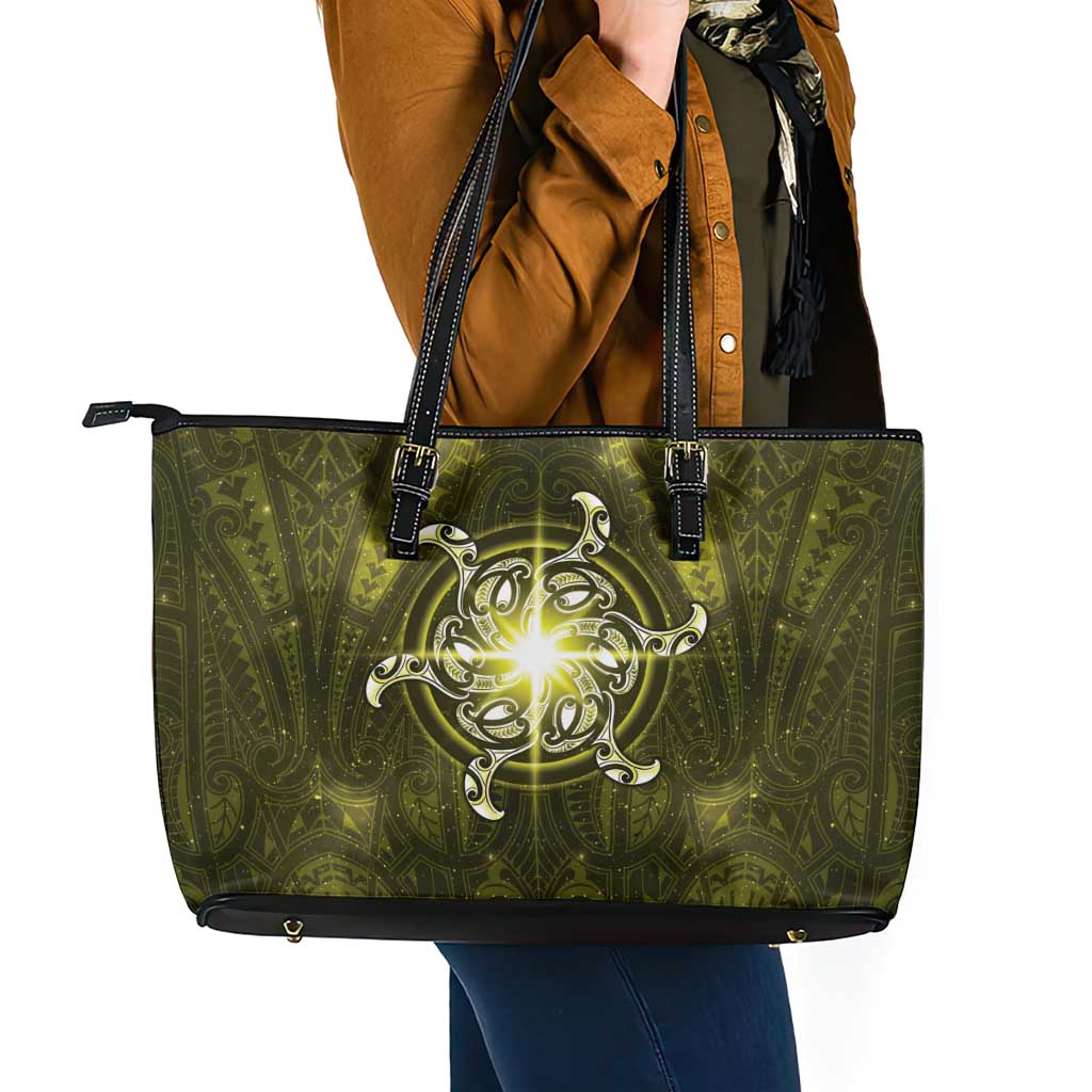 New Zealand Matariki Hiwaiterangi Leather Tote Bag Maori Moko Yellow Galaxy LT05 - Polynesian Pride