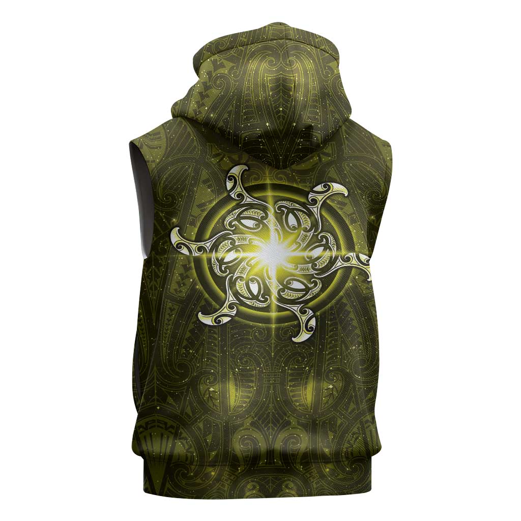 New Zealand Matariki Hiwaiterangi Sleeveless Hoodie Maori Moko Yellow Galaxy