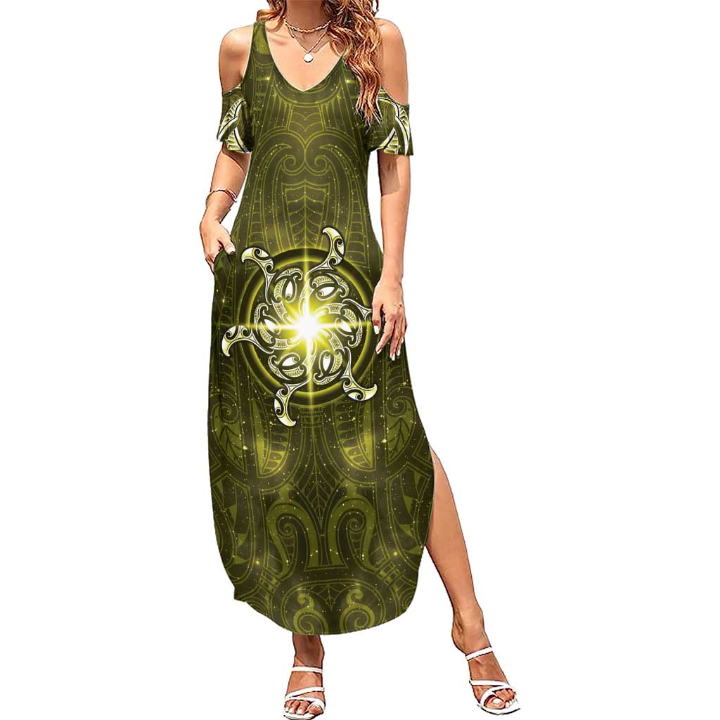 New Zealand Matariki Hiwaiterangi Summer Maxi Dress Maori Moko Yellow Galaxy