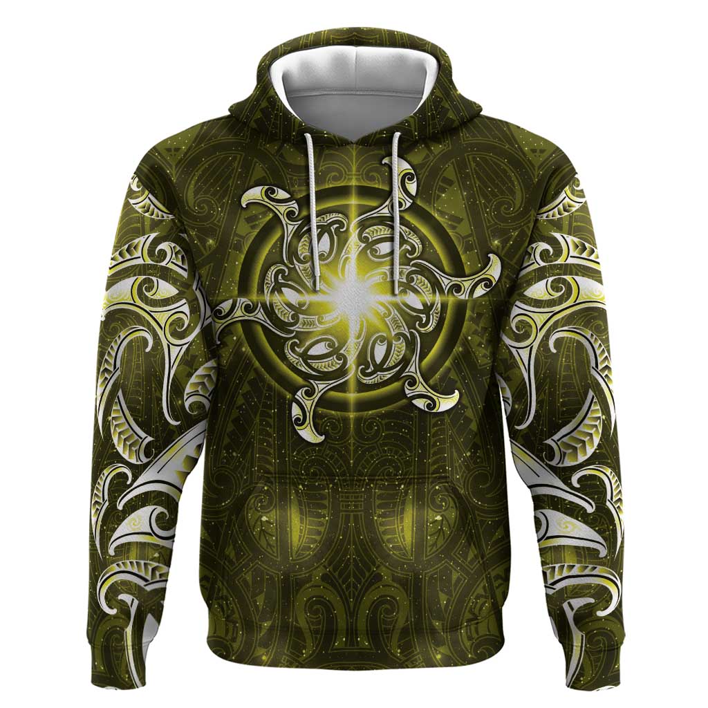 New Zealand Matariki Hiwaiterangi Zip Hoodie Maori Moko Yellow Galaxy