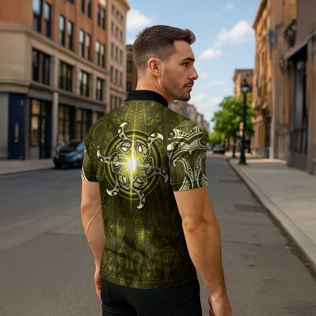 New Zealand Matariki Hiwaiterangi Zipper Polo Shirt Maori Moko Yellow Galaxy