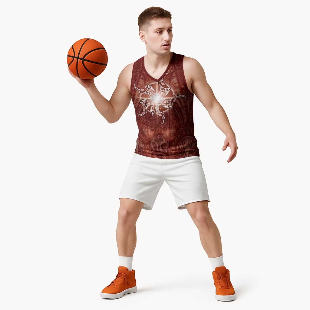 New Zealand Matariki Pohutukawa Basketball Jersey Maori Moko Red Galaxy LT05 - Polynesian Pride