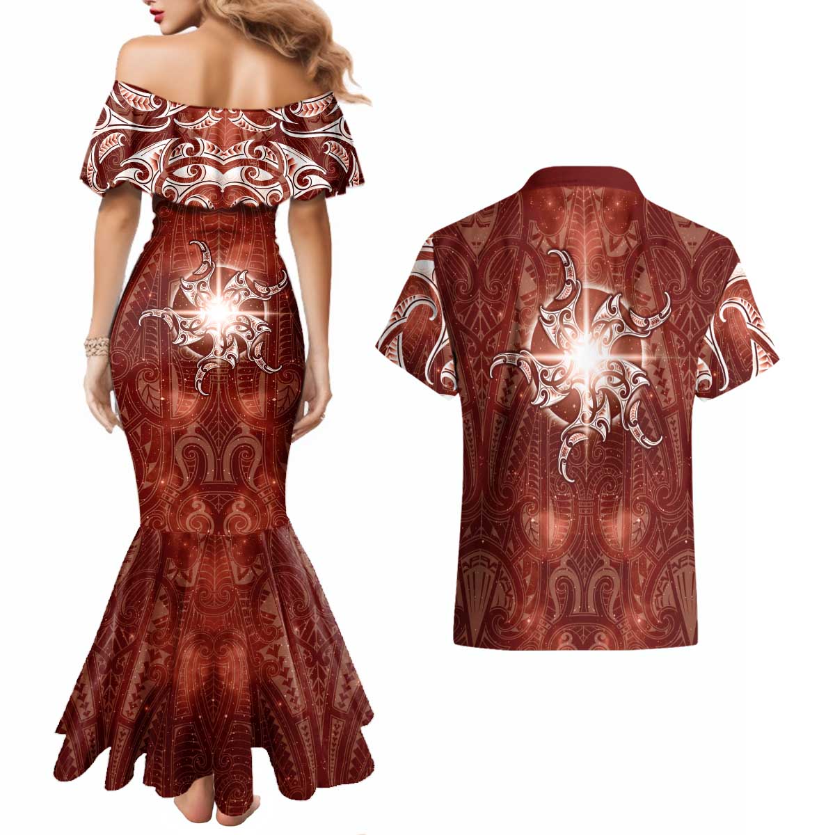 New Zealand Matariki Pohutukawa Couples Matching Mermaid Dress and Hawaiian Shirt Maori Moko Red Galaxy LT05 - Polynesian Pride