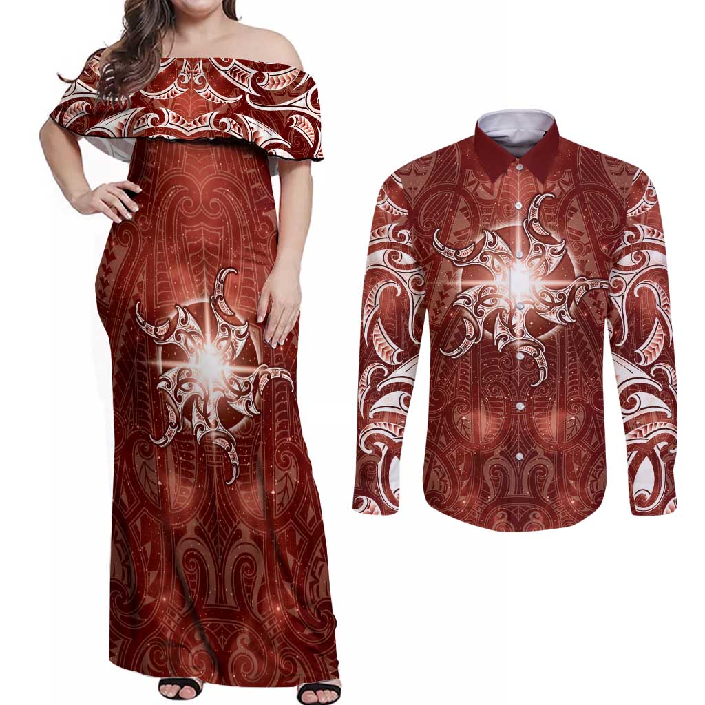 New Zealand Matariki Pohutukawa Couples Matching Off Shoulder Maxi Dress and Long Sleeve Button Shirt Maori Moko Red Galaxy LT05 Red - Polynesian Pride