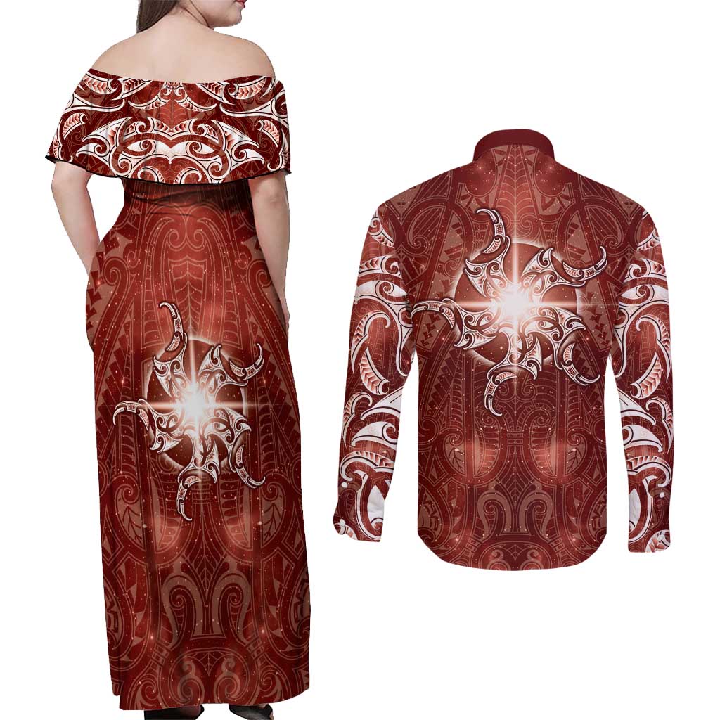 New Zealand Matariki Pohutukawa Couples Matching Off Shoulder Maxi Dress and Long Sleeve Button Shirt Maori Moko Red Galaxy