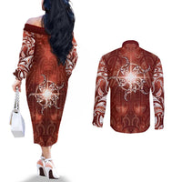 New Zealand Matariki Pohutukawa Couples Matching Off The Shoulder Long Sleeve Dress and Long Sleeve Button Shirt Maori Moko Red Galaxy