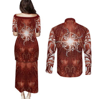 New Zealand Matariki Pohutukawa Couples Matching Puletasi and Long Sleeve Button Shirt Maori Moko Red Galaxy LT05 - Polynesian Pride