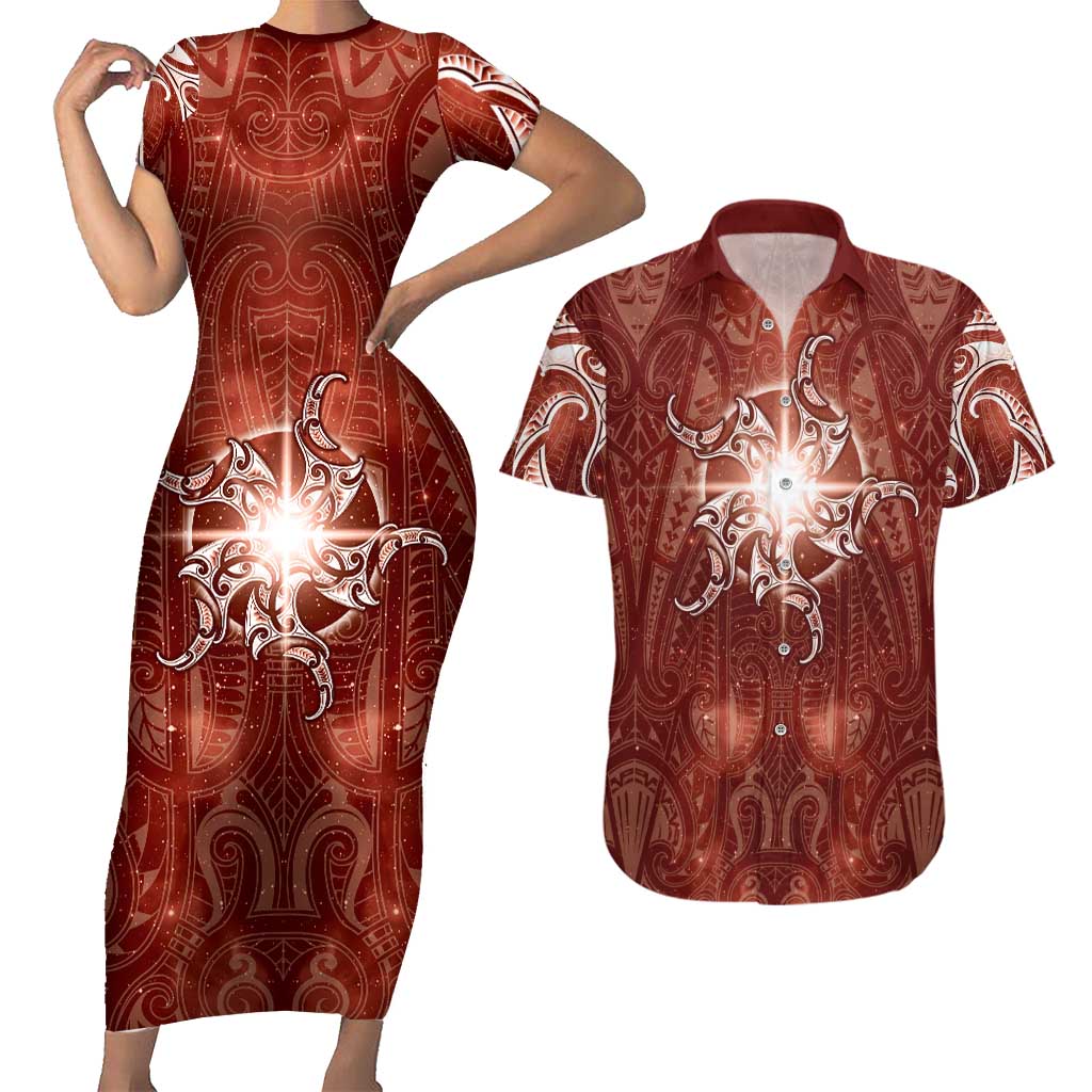New Zealand Matariki Pohutukawa Couples Matching Short Sleeve Bodycon Dress and Hawaiian Shirt Maori Moko Red Galaxy LT05 Red - Polynesian Pride