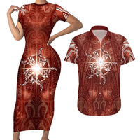 New Zealand Matariki Pohutukawa Couples Matching Short Sleeve Bodycon Dress and Hawaiian Shirt Maori Moko Red Galaxy LT05 Red - Polynesian Pride