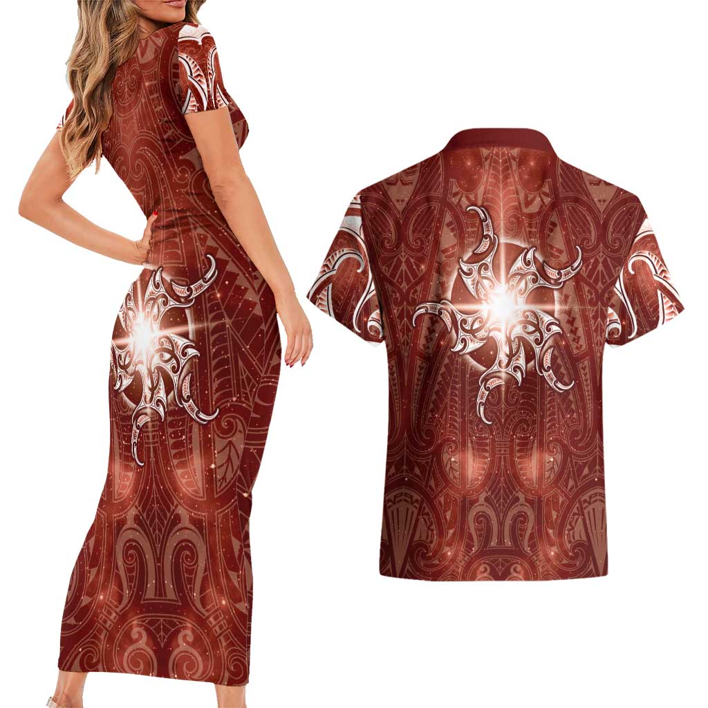 New Zealand Matariki Pohutukawa Couples Matching Short Sleeve Bodycon Dress and Hawaiian Shirt Maori Moko Red Galaxy LT05 - Polynesian Pride